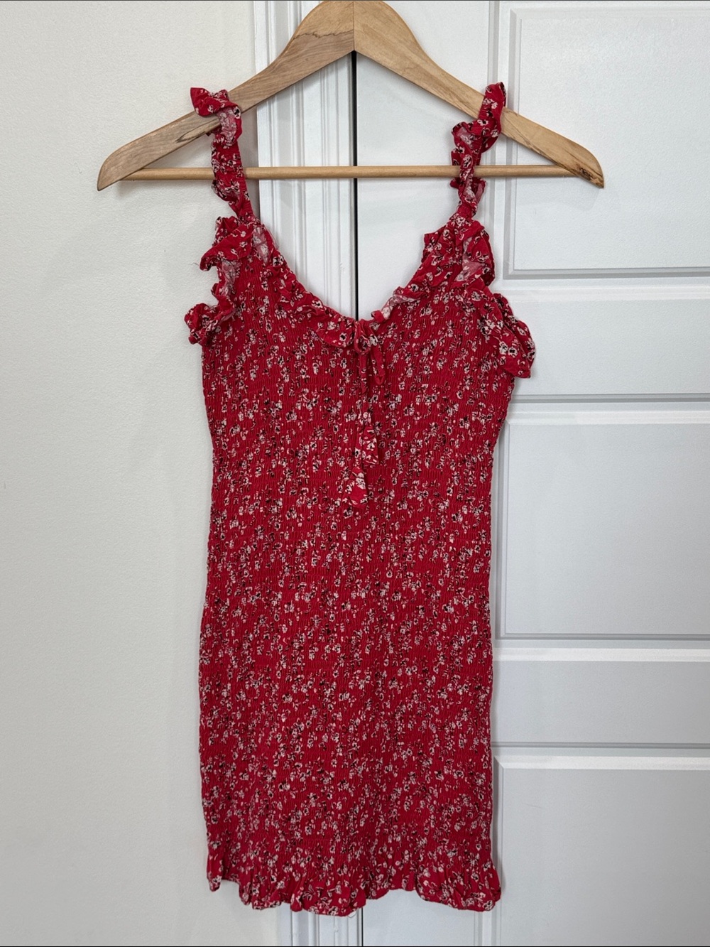 Japna Red Ruched Floral Mini Dress Fitted Tight Party Dress, Ruffled Straps, XS